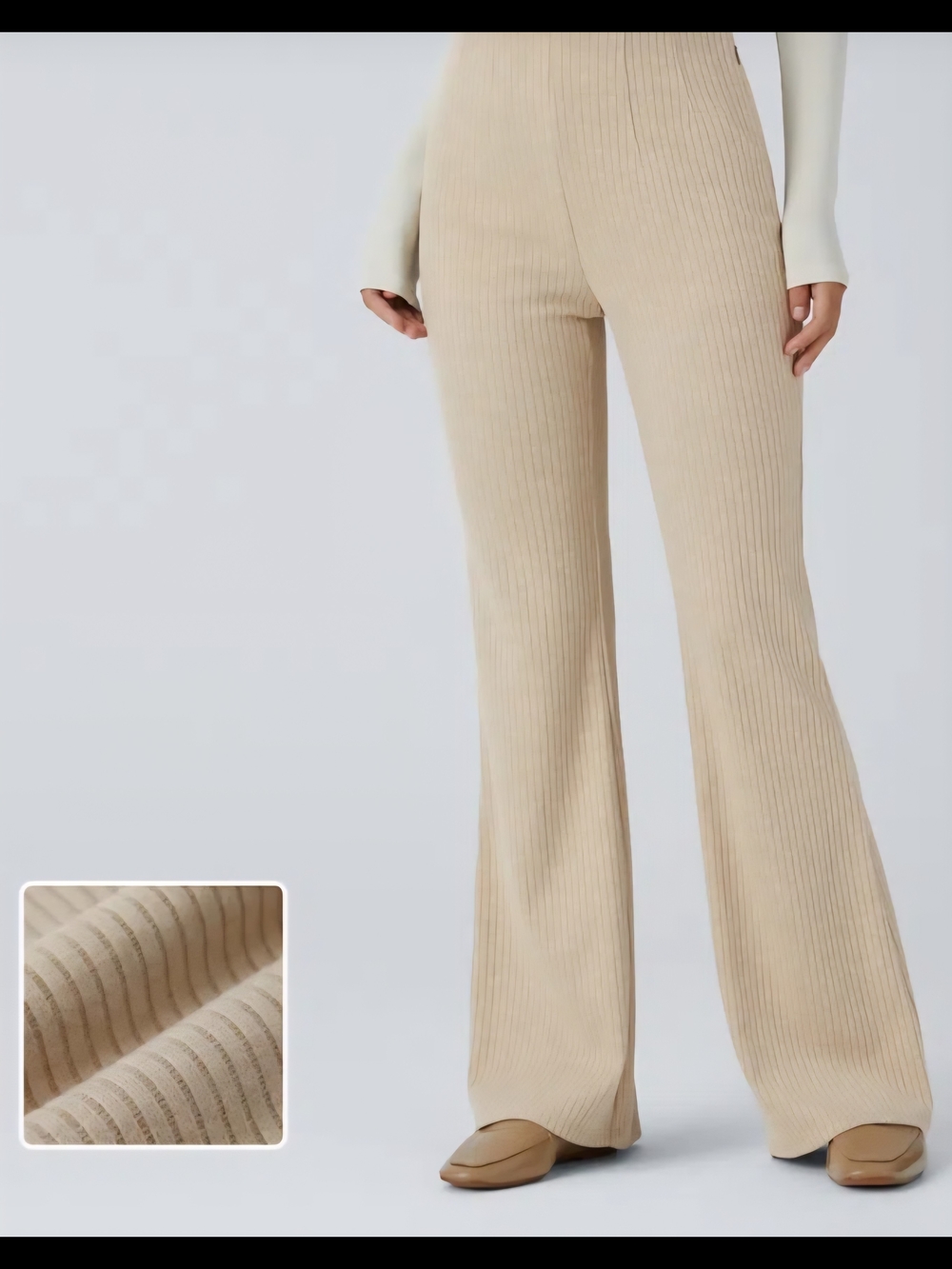 HALARA Ribbed High-Rise Flare Pants in Taupe